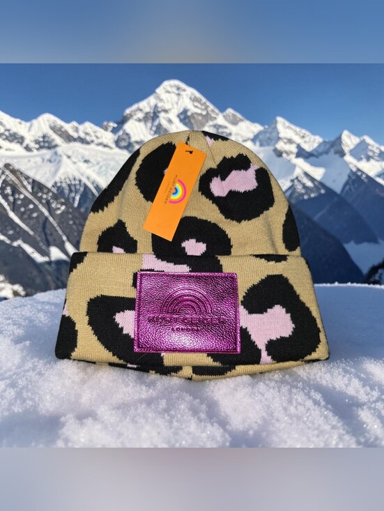 Kurt Geiger Accessories - Kurt Geiger Tan, Black & Pink Leopard Knit Beanie with Metallic Pink Logo